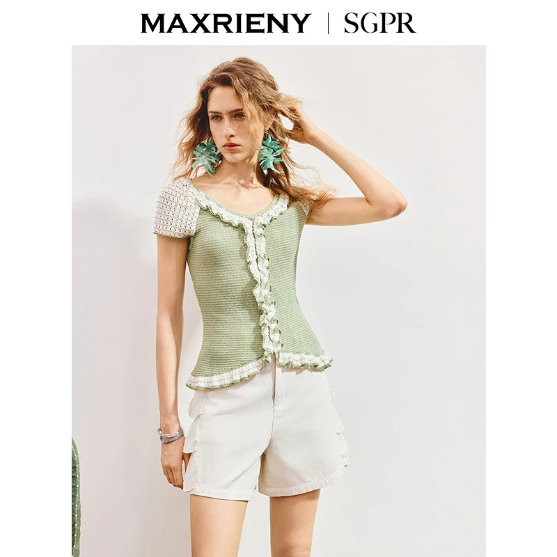 【商场同款】MAXRIENY精致优雅感撞色花边针织衫修身上衣女25夏款