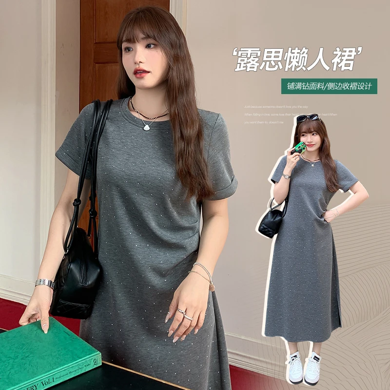 显瘦露思懒人裙烫钻收褶显腰身连衣裙女大码胖mm设计感开叉A字裙