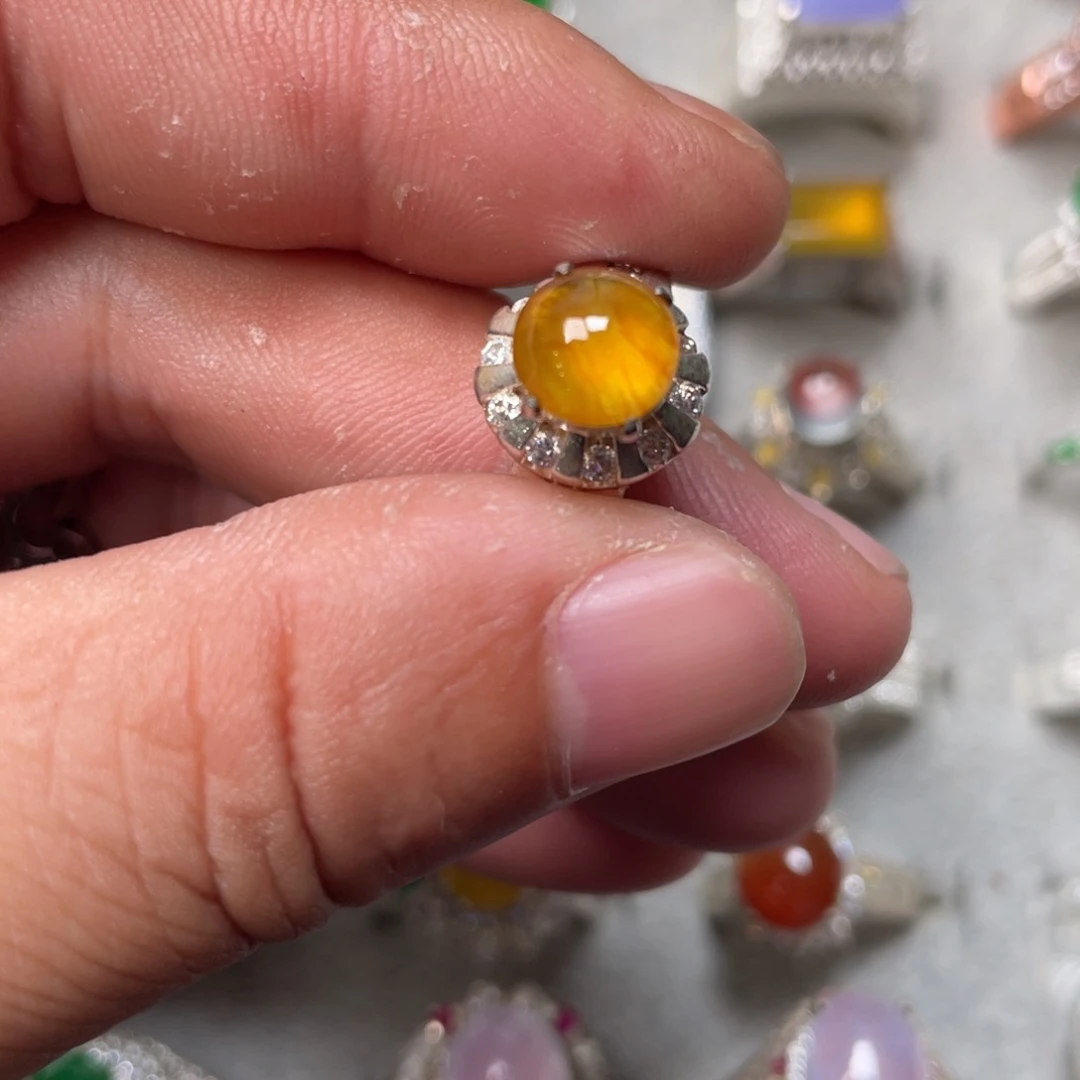 翡翠裸石冰黄翡蛋面铜托卡8