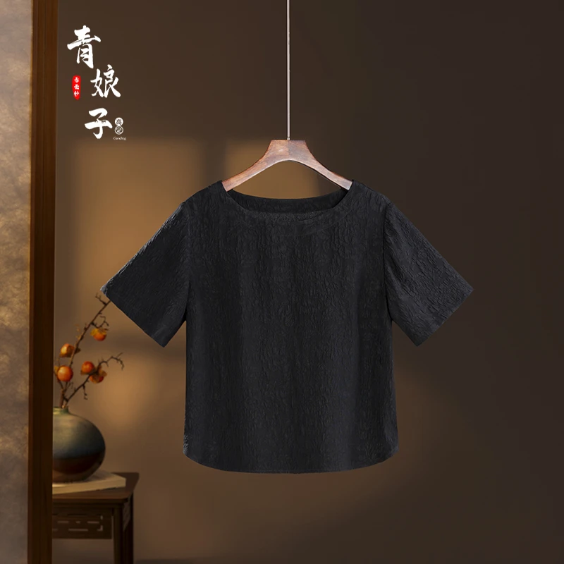 青娘子真丝（柚萱）冠乐绉休闲时尚宽松圆领短款百搭气质上衣50723