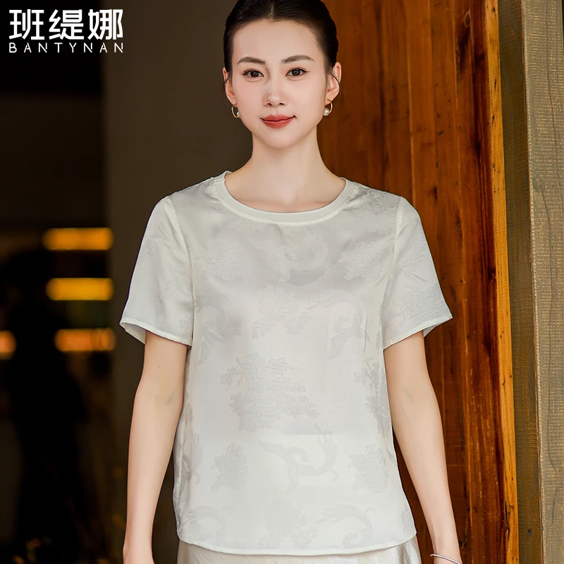 [独美人丝]白色复古T恤女夏季时尚休闲百搭上衣半袖春夏重磅潮流