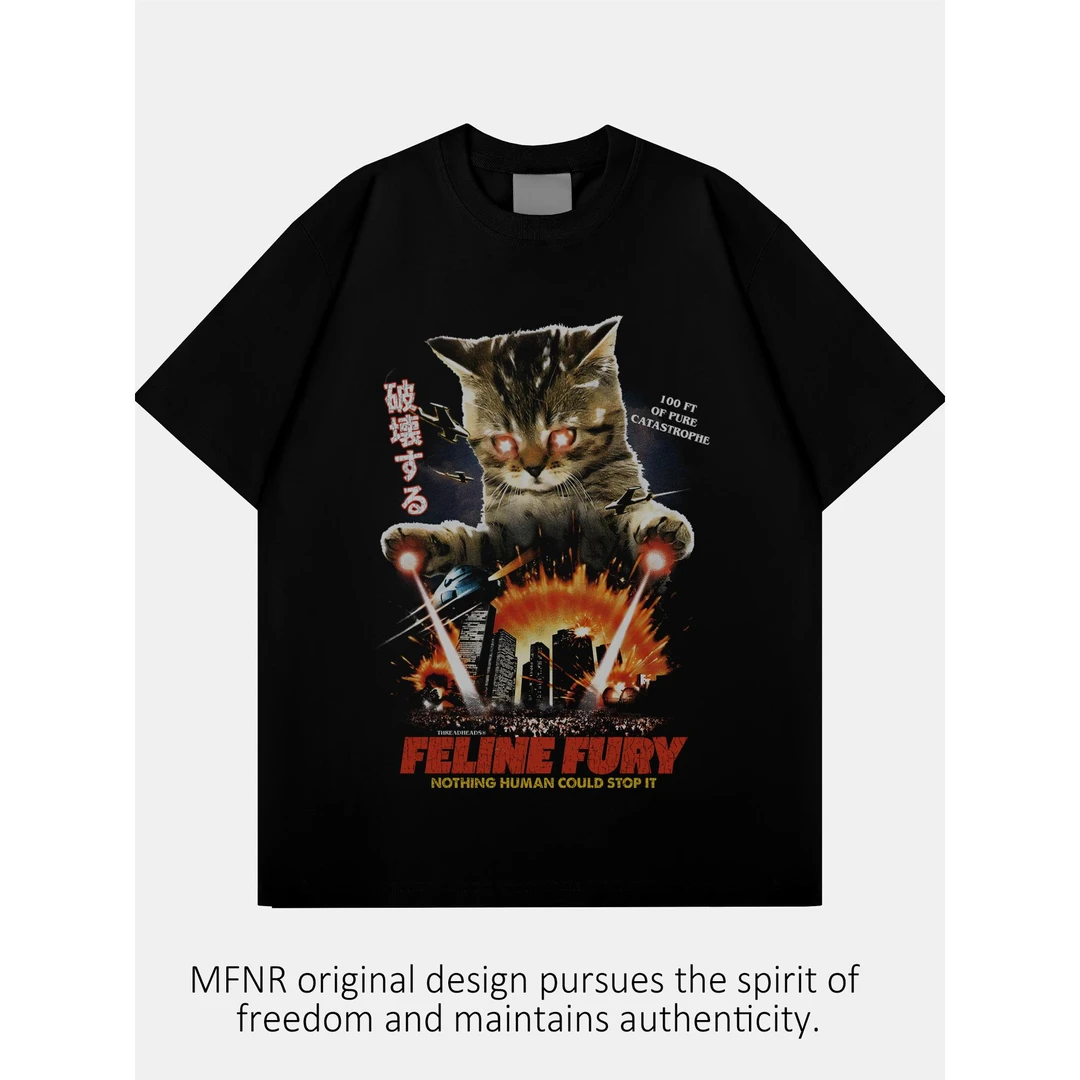 街头复古愤怒猫咪小众印花T恤男女夏季新款潮牌重磅纯棉短袖上衣