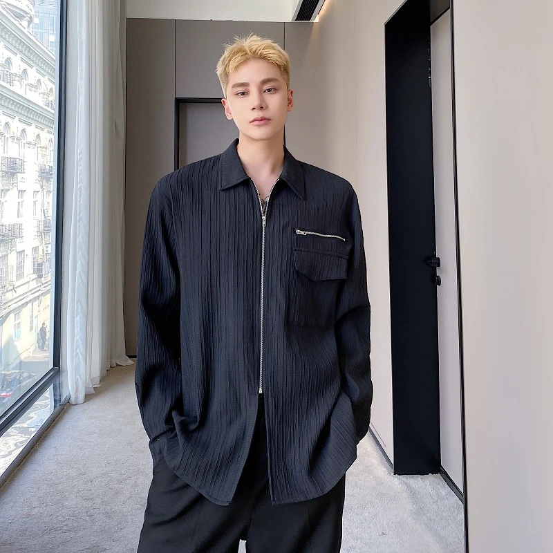 春夏秋小众拉链开衫衬衫男长袖暗黑系纯色上衣发型师韩版免烫衬衣
