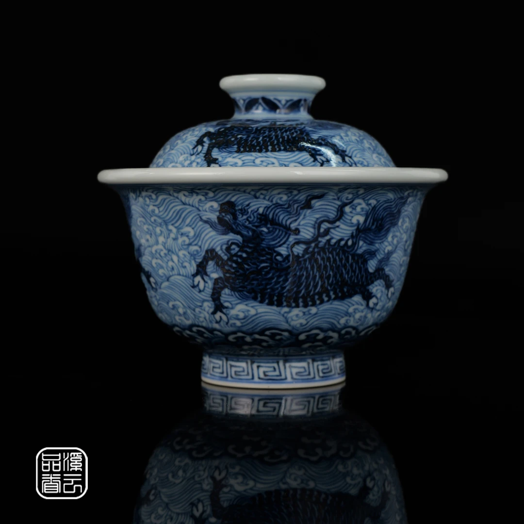 不晓堂 景德镇柴窑手绘陶瓷仿明青花海水麒麟盖碗单杯主人杯茶具