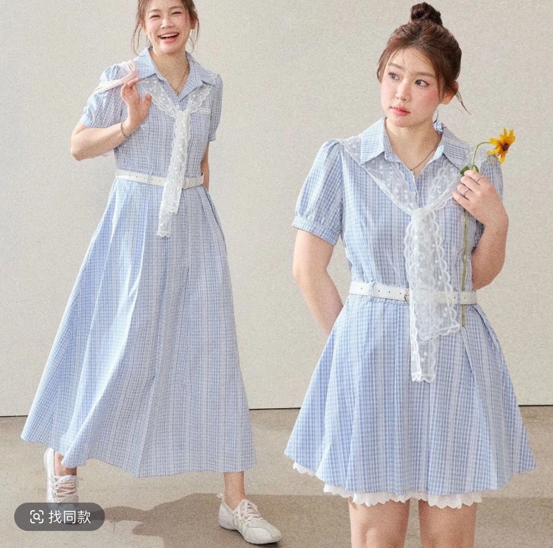 大码女装微胖妹妹蓝白氧气收腰蕾丝披肩闺蜜裙