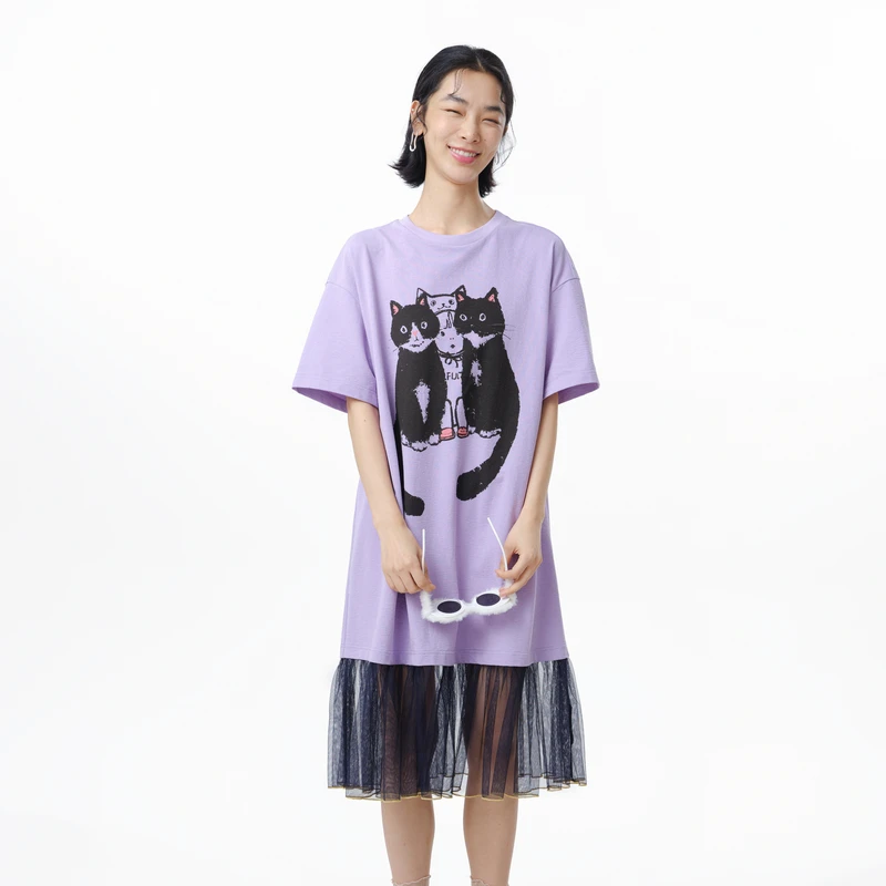 MOVEUP幻走2025夏季新款.FUN 圆领印花裙摆针织连衣裙325211362