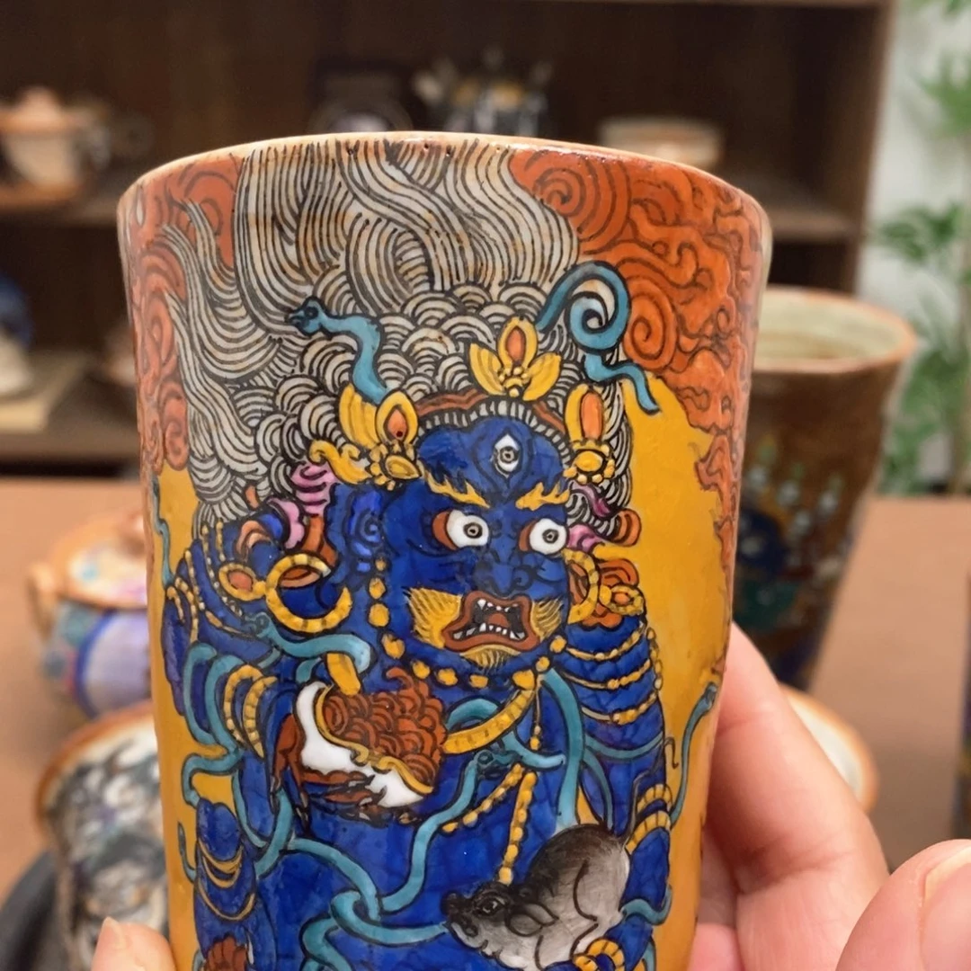 手工手绘黑财财茶杯