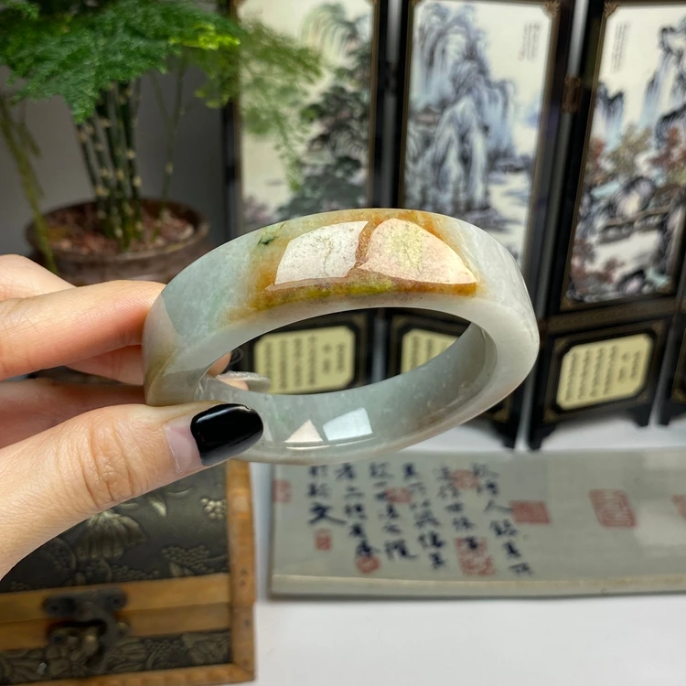 58枫叶红翡三彩飘绿不规则方镯 天然翡翠A货手镯