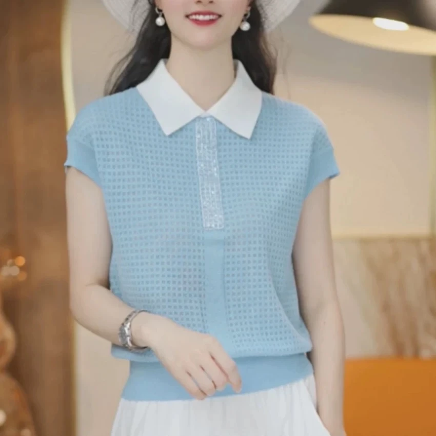 【轻奢重工烫钻】设计感套头短袖针织衫夏季撞色翻领