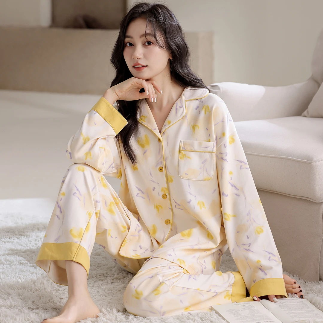 新款莉莉家女士加厚纯棉黄色郁金香开衫长袖睡衣家居服可外穿套装