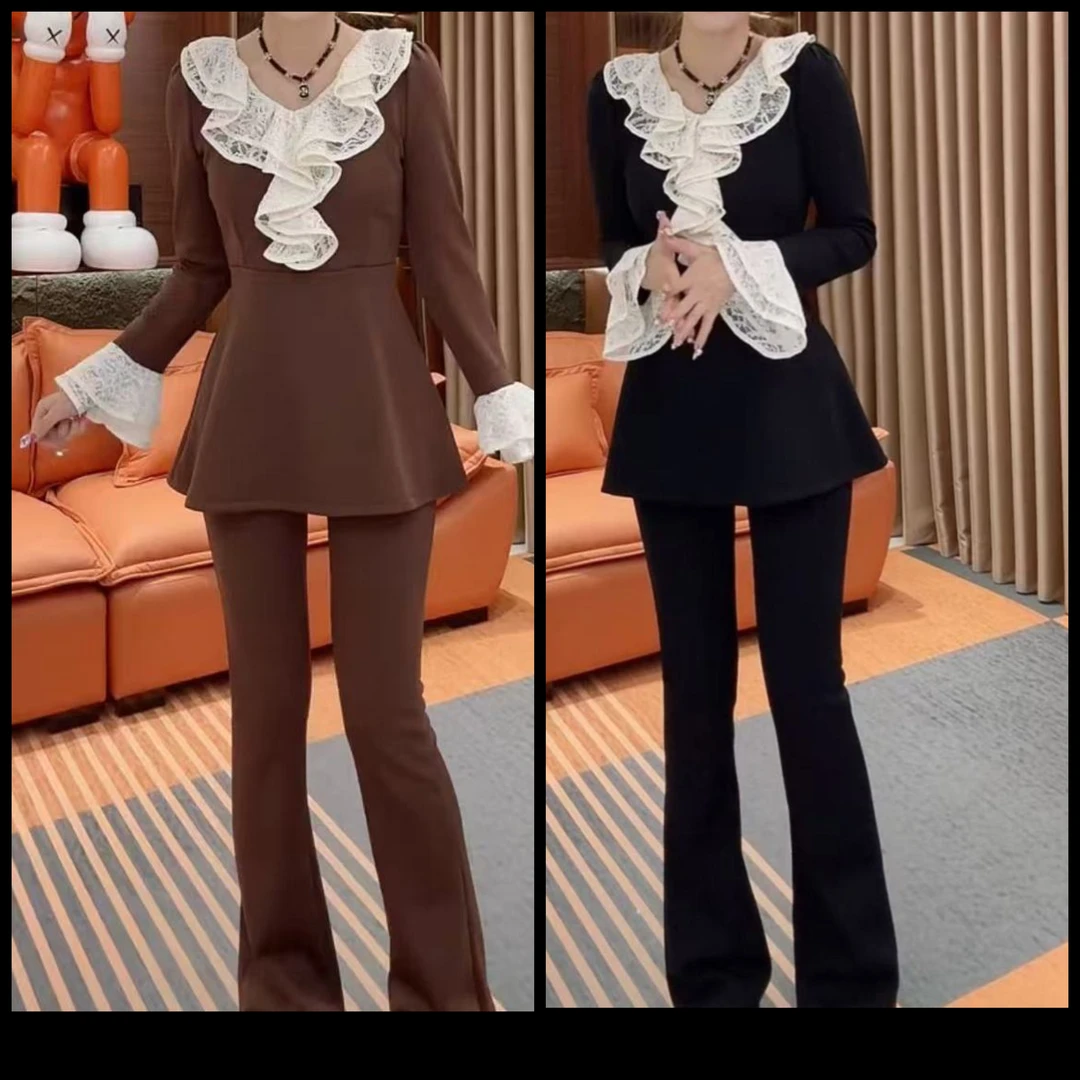 2025加绒新款洋气V领蕾丝木耳边修身显瘦百搭裤子套装两件套999