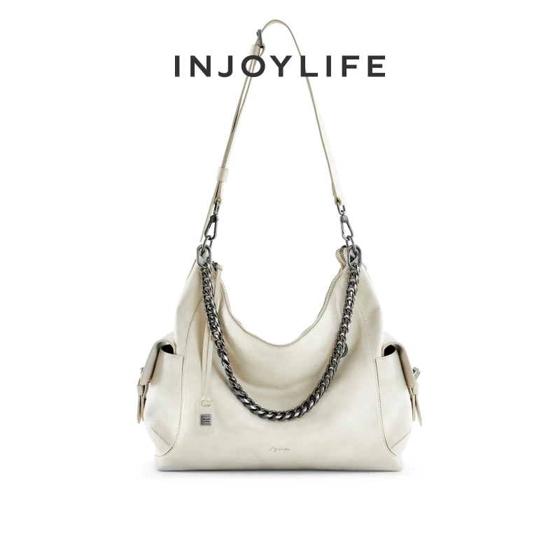 INJOYLIFE【刘婷秀同款】头层牛皮TAG先锋HOBO机能单肩斜挎托特包