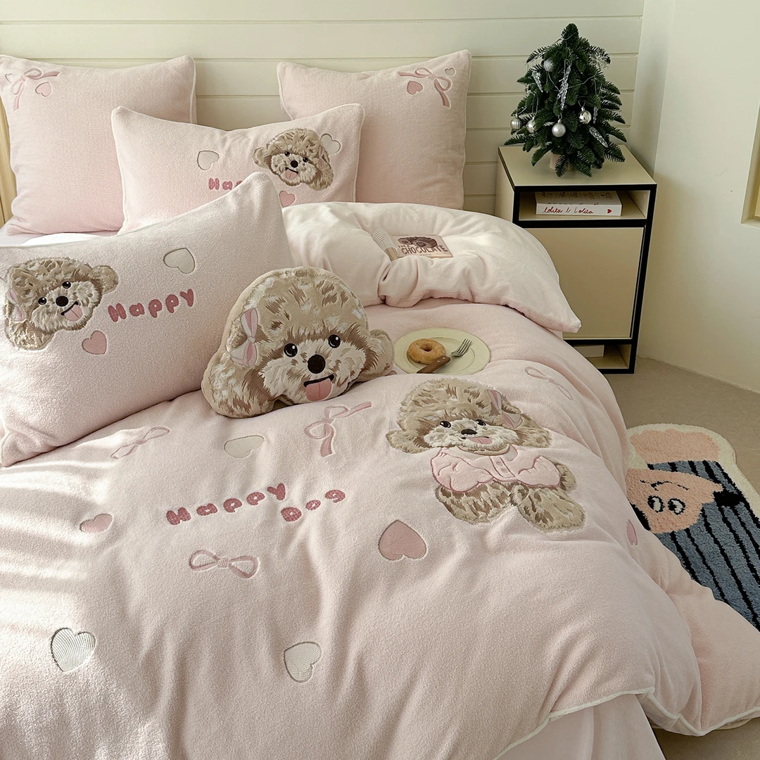 可爱狗狗牛奶绒床上四件套秋冬季双面加绒被套珊瑚绒床单女孩床品