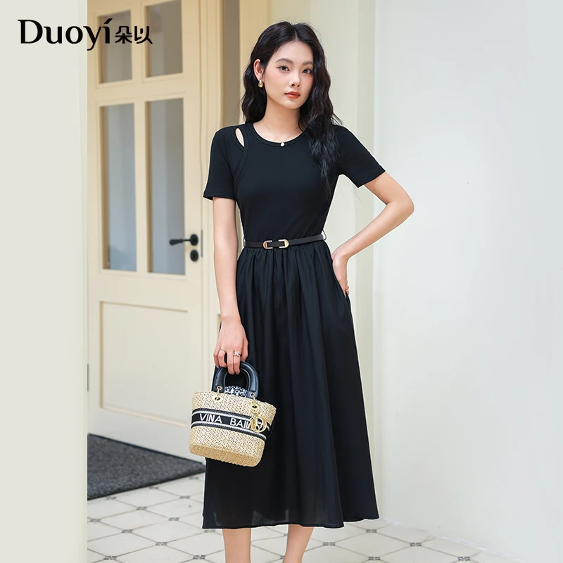 朵以2025秋季新款优雅气质拼接修身显瘦镂空圆领连衣裙39DQ847019