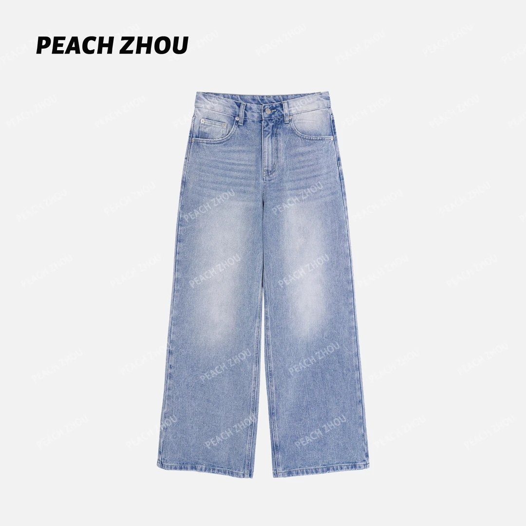 『PEACHZHOU』水洗撞色缝线猫须纹磨白宽松直筒牛仔裤通勤休闲长裤