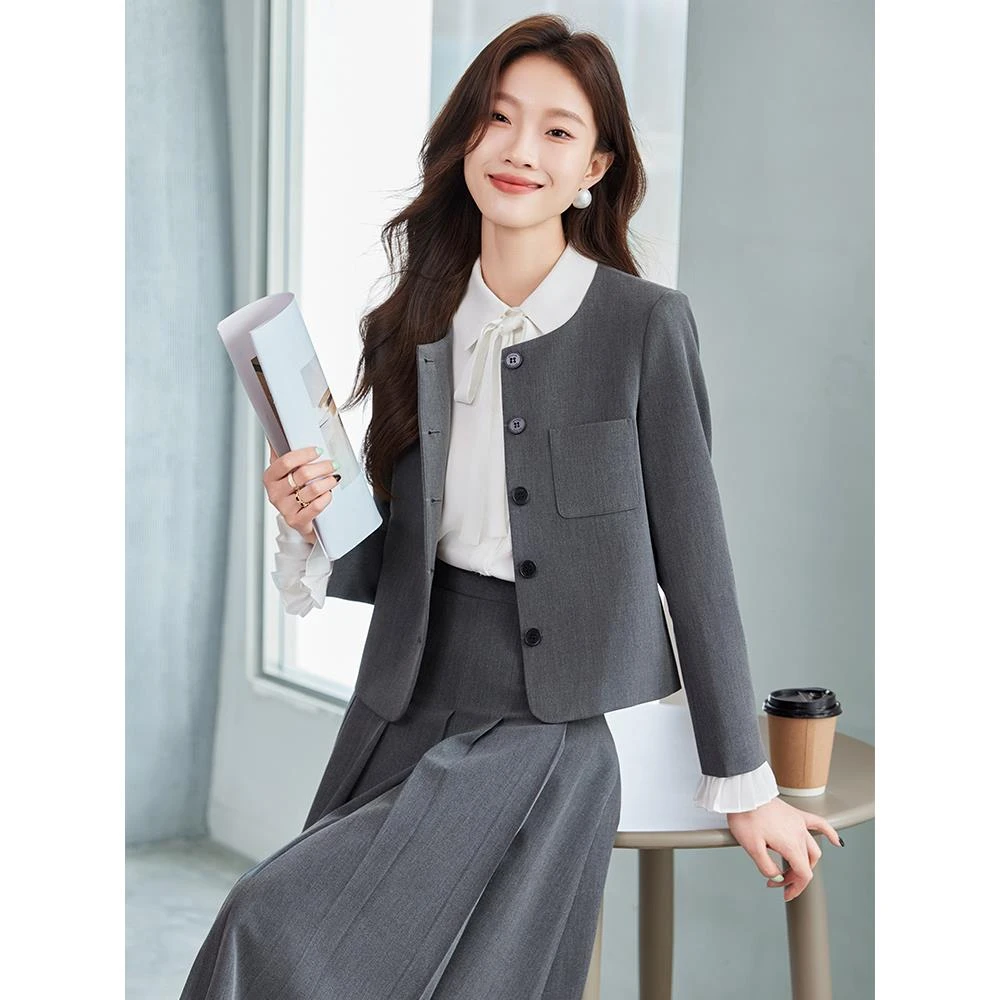 灰色职业装西装洋气女春秋季大学生面试职场通勤穿搭正装西服外套