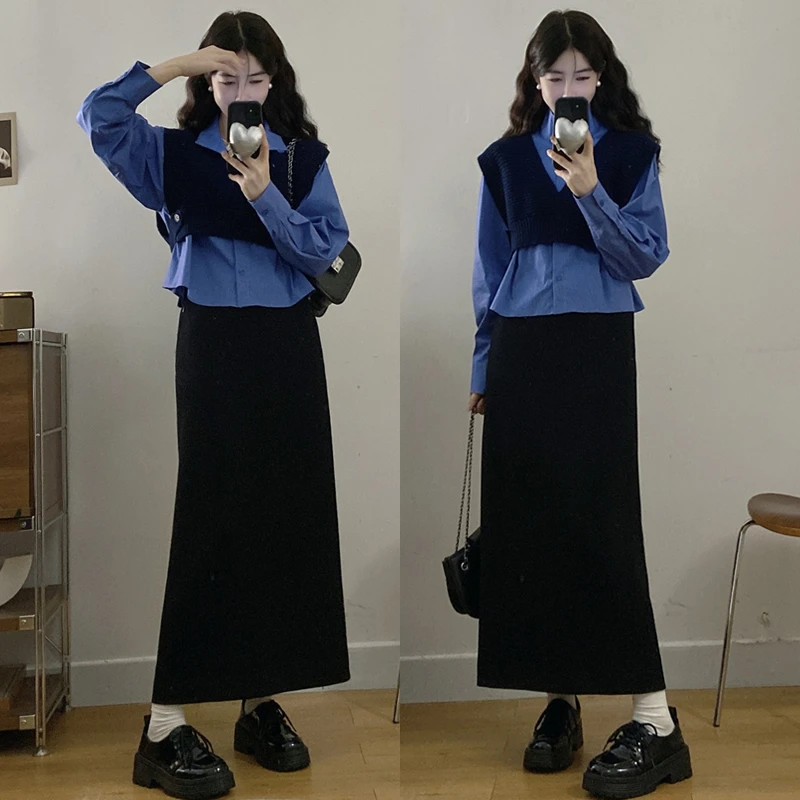 大码胖mm复古时尚套装女秋季新款针织马甲背心立领长袖衬衫两件套