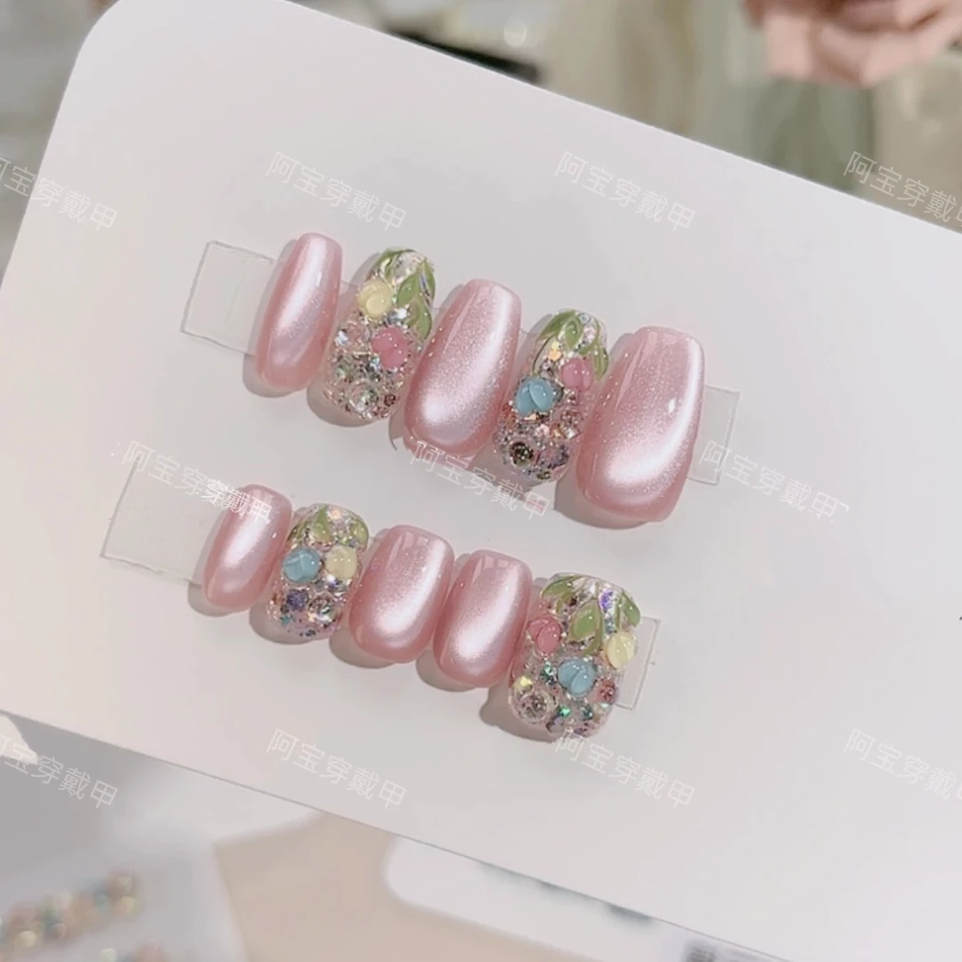 【郁金香】纯手工穿戴甲气质穿戴式梯形光疗甲美甲师立体冰花