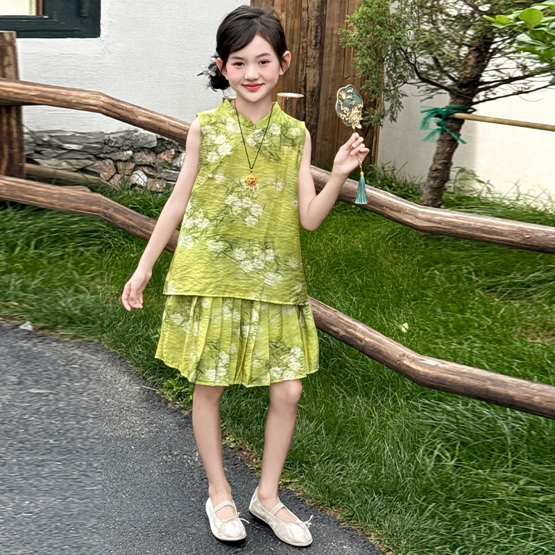 【嘻嘻柚】女童夏季新中式汉服套装2025新国风无袖上衣百褶裙两件套