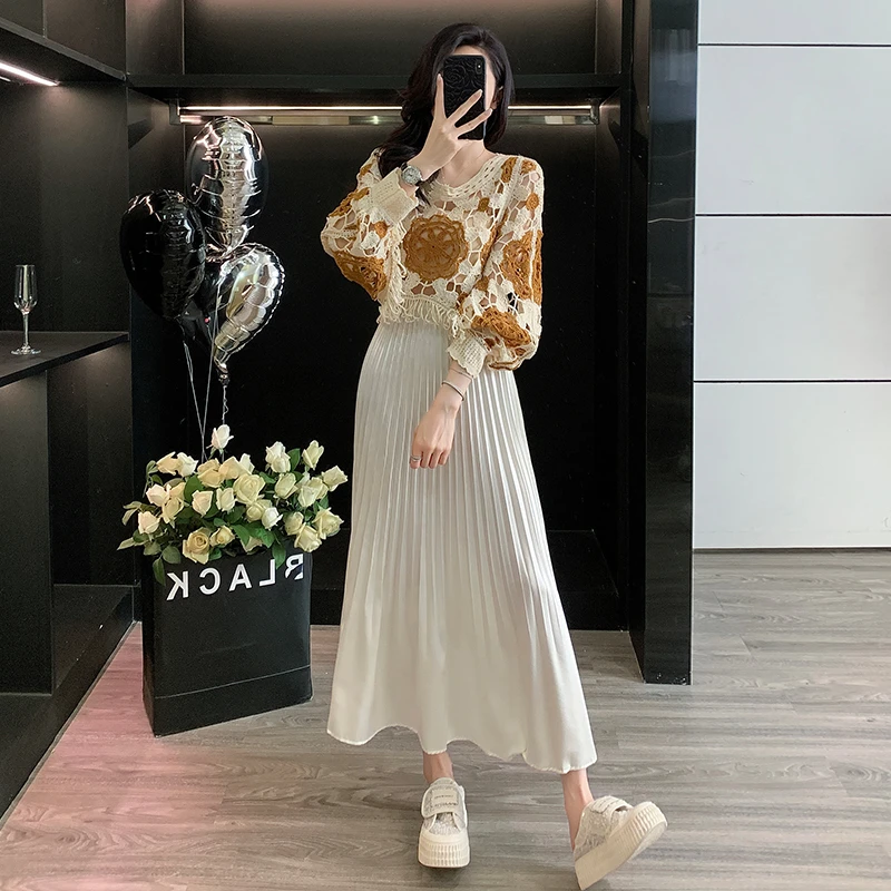 法式春秋新款时尚套装女针织衫优雅百褶高腰显瘦长裙减龄两件套