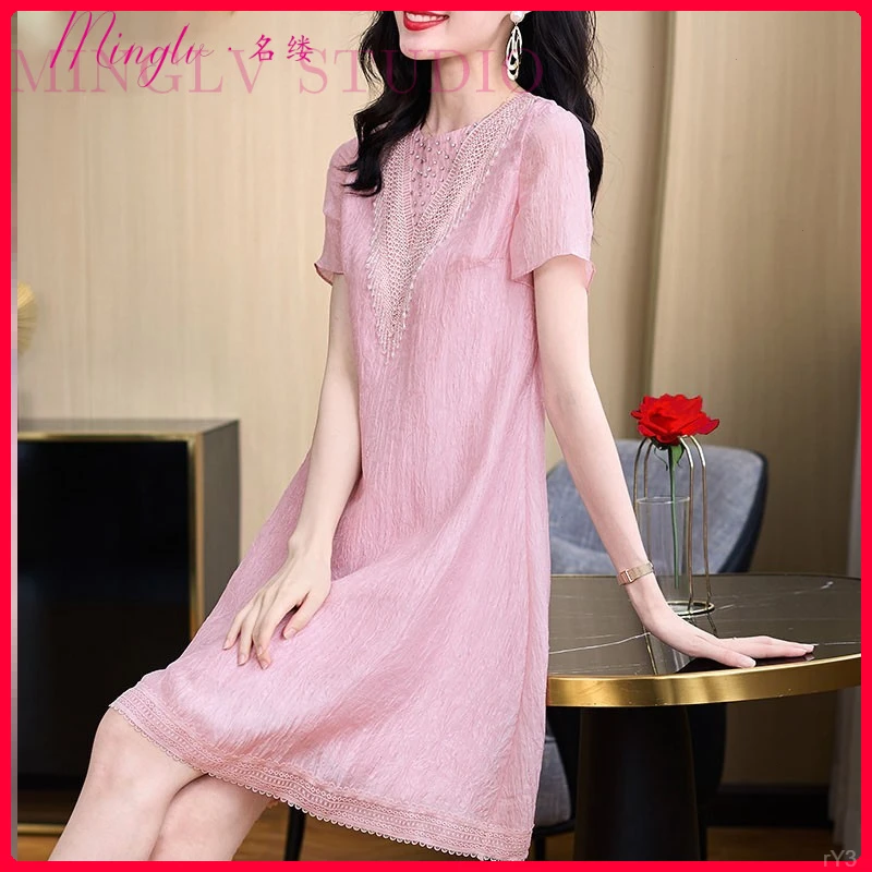 法式胖mm2025年新款秋季女装遮肚显瘦清爽粉色孕妇裙子减龄洋装