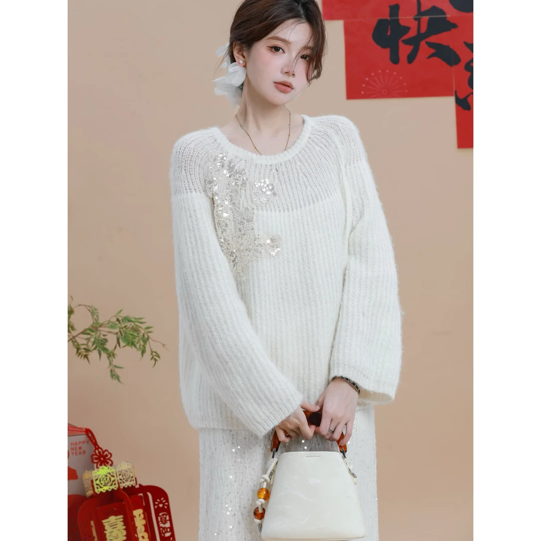 【芝士Cheese】臆想花园 羊毛时尚百搭圆领套头白色冬季气质上衣