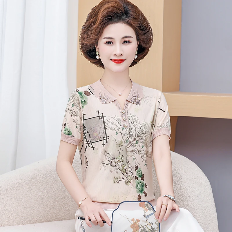 气质妈妈装新款夏装短袖冰丝翻领小衫中老年女夏季时尚印花薄T桖