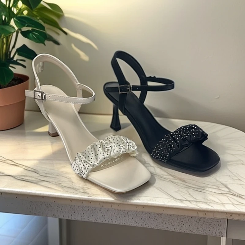 D6-3/6100-3方头高跟细跟露趾一字带凉鞋中跟