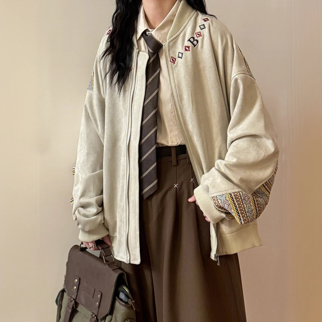 美式复古新款潮牌宽松上衣外套早秋季民族风刺绣拉链夹克外套女