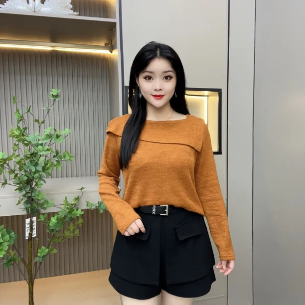 秋季长袖针织修身型气质百搭一字肩女人味美拉德风纯色打底显瘦