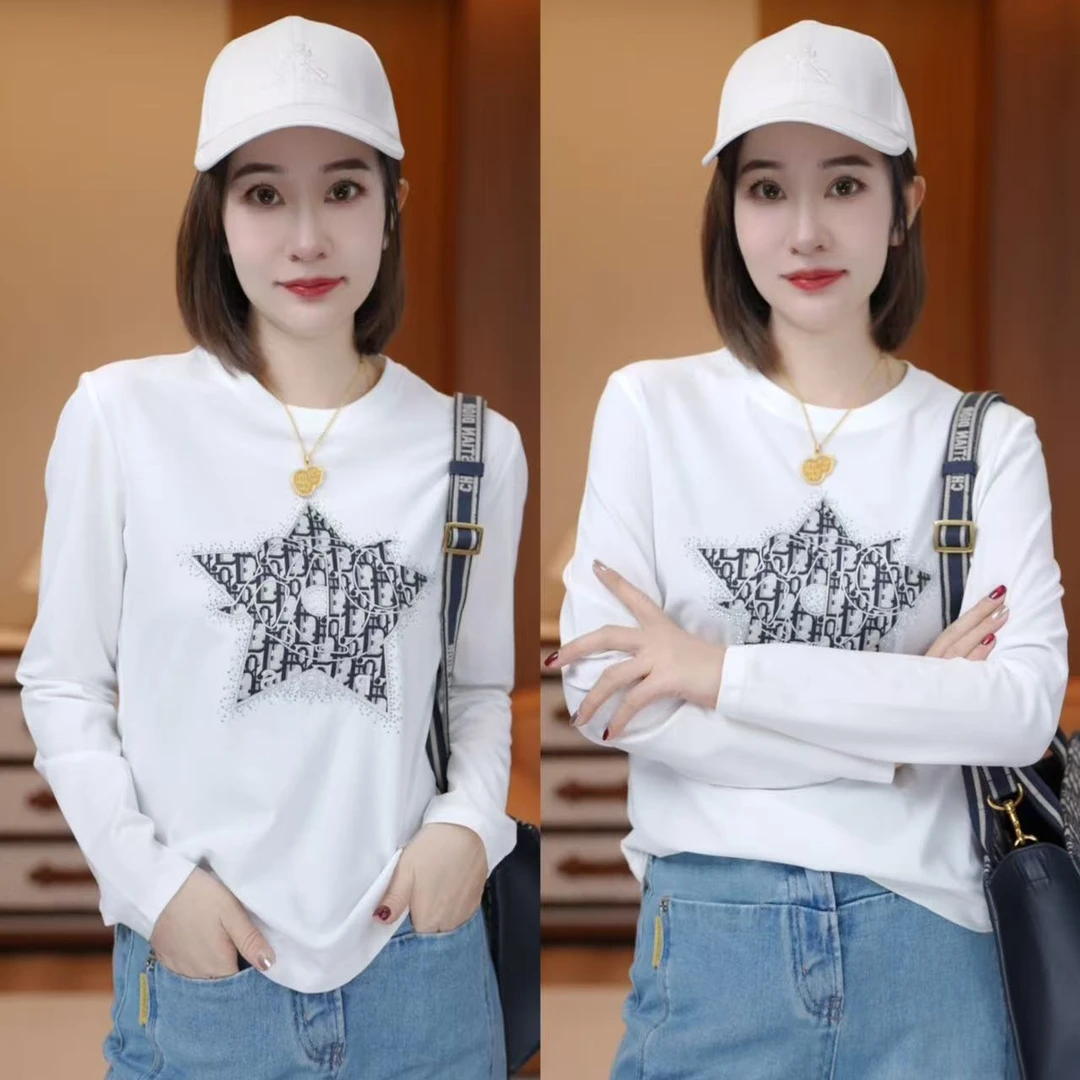 【桑蚕丝五角星】早春重工烫钻时尚百搭T恤上衣XY2554