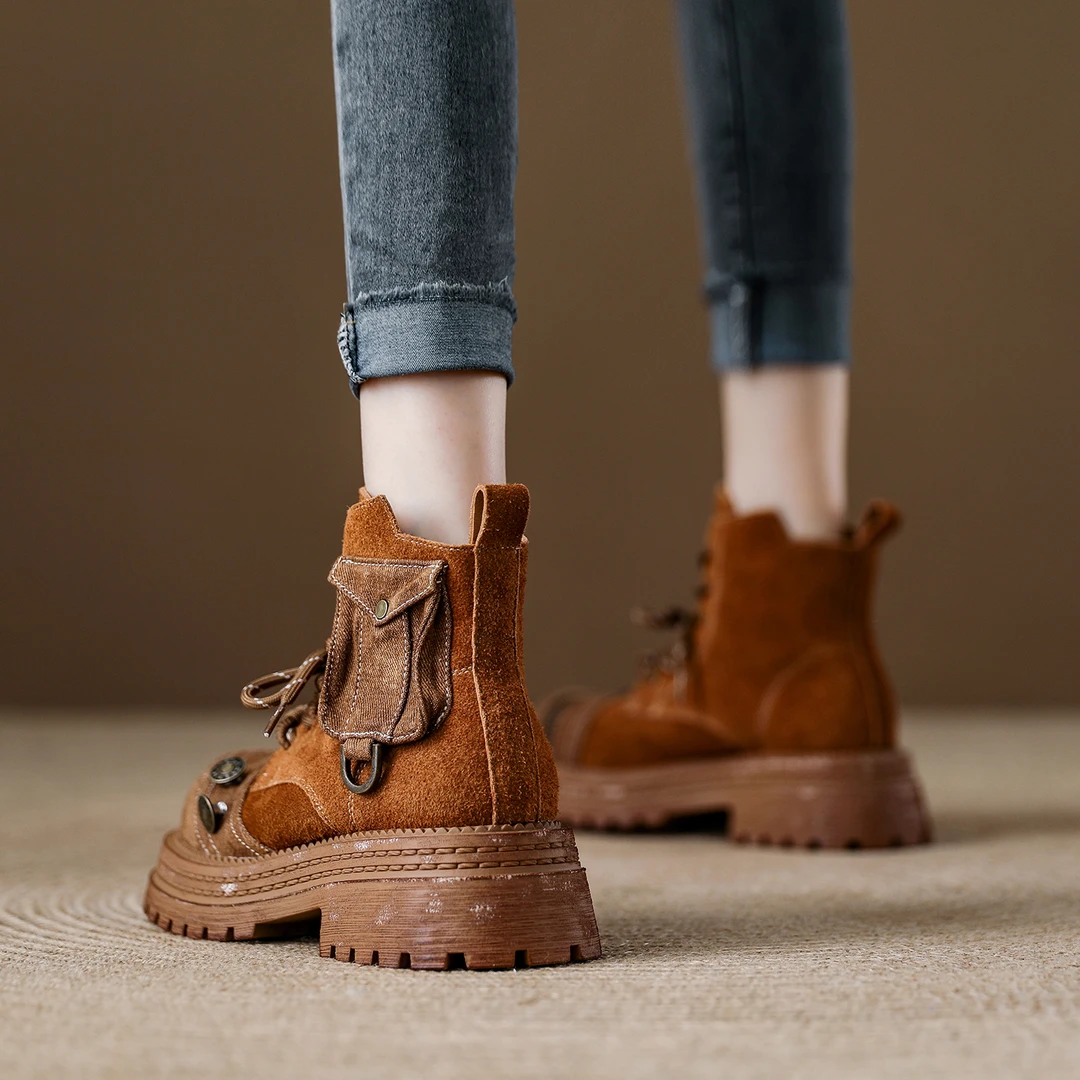 翻毛皮马丁靴女2025年秋季新款磨砂皮短靴复古厚底机车英伦风靴子