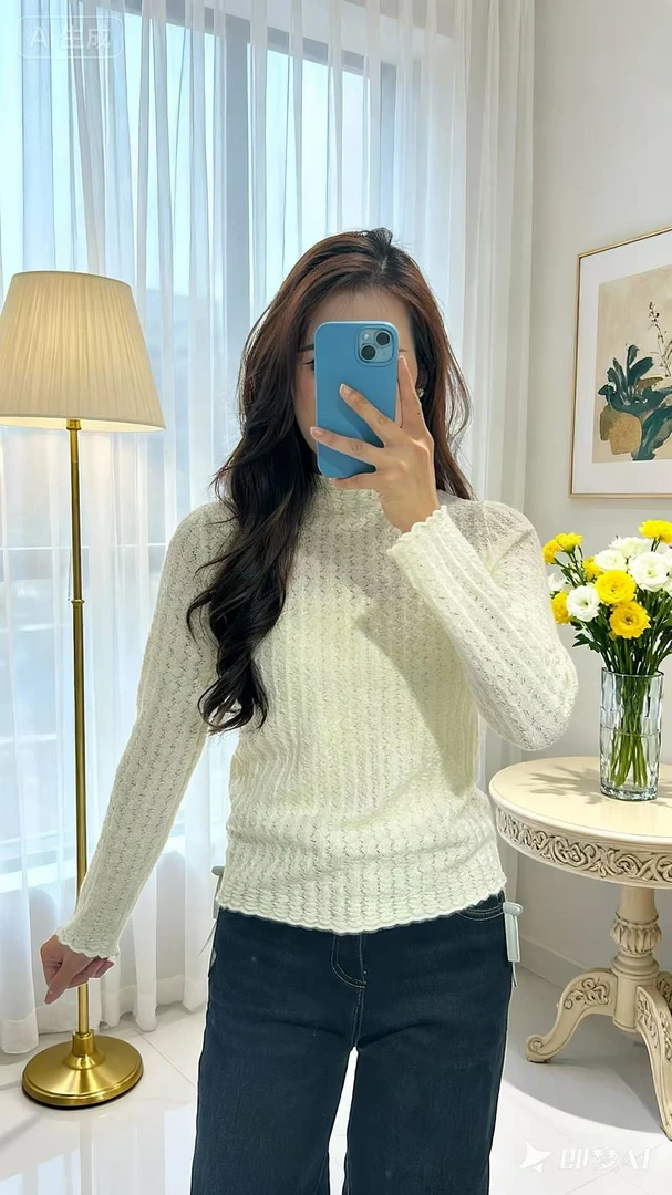 【ms2868】韩系半高领镂空钩花长袖针织打底衫弹力修身针织衫毛衣