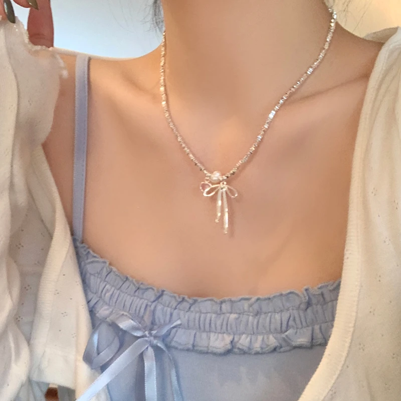 合金项链 蝴蝶结粉钻珍珠碎银子项链女高级感锁骨链轻奢小众颈链