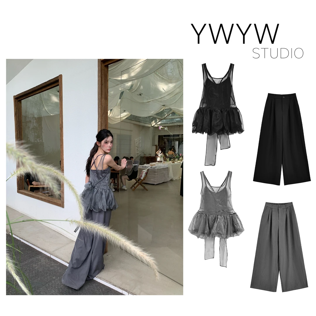 夏季镂空针织吊带+网纱泡泡裙上衣+直筒弹力休闲裤套装5213