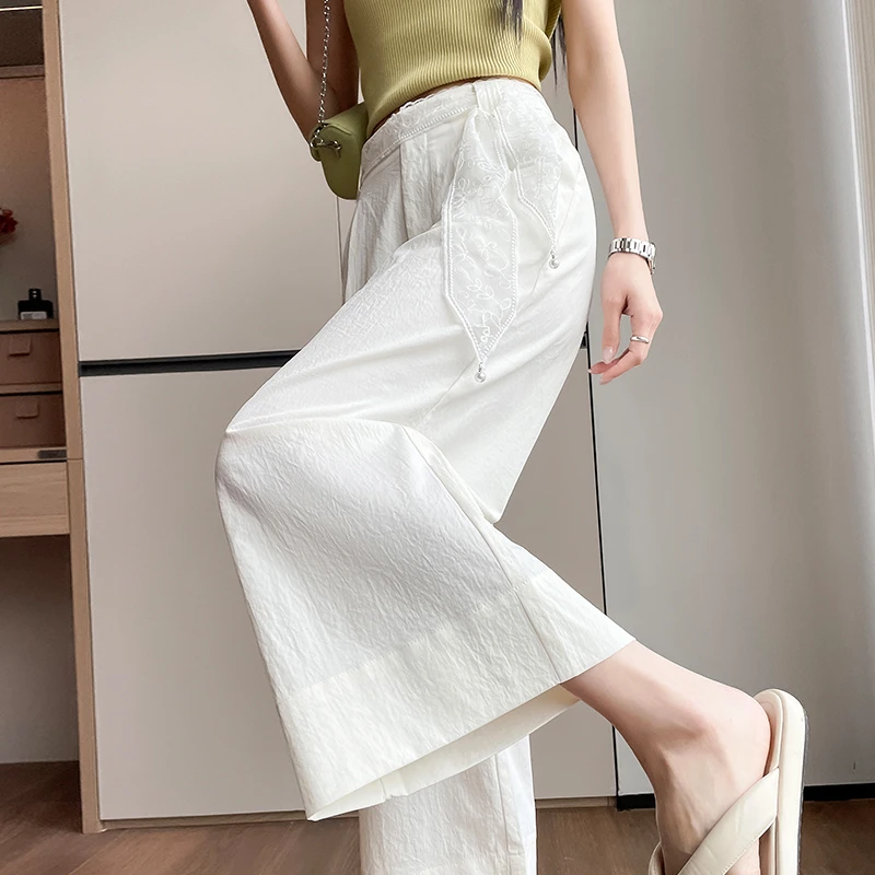 白色冰丝垂感阔腿裤女夏季薄款2025新款高腰休闲速干九分直筒裤子