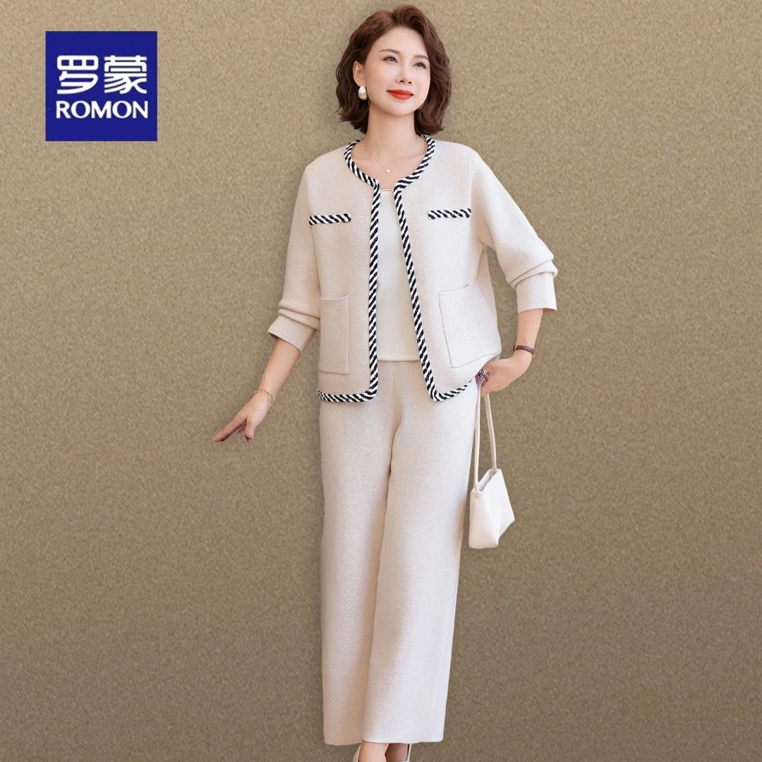 罗蒙小香风妈妈秋装中年女士针织上衣中老年春秋外套阔腿裤两件套