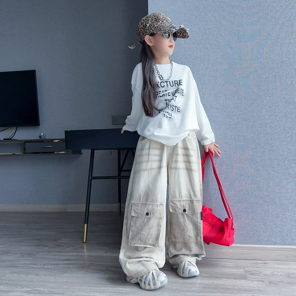 女童潮酷秋季套装2025新款长袖个性街舞打底衫女孩宽松直筒老爹裤
