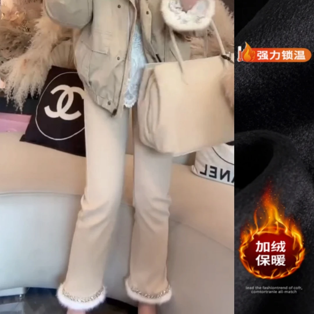 景倩妮卡其色毛毛边加绒直筒牛仔裤2025年秋冬新款显瘦九分烟管裤