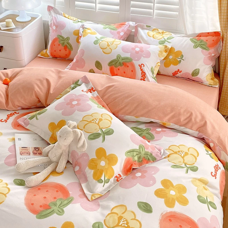 小清新四季通用斜纹棉四件套亲肤活性印花单人学生宿舍三件套