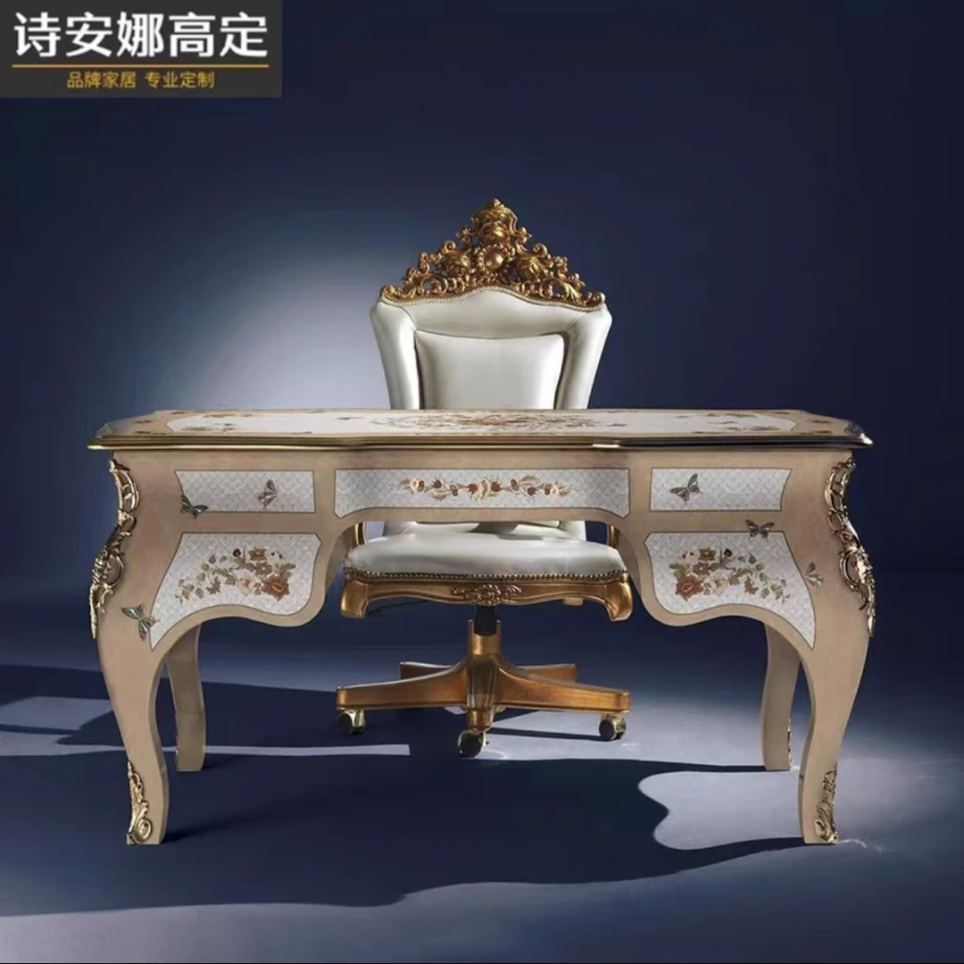 意大利法式实木雕花书桌台欧式书柜办公书椅贝壳哦i年华镶嵌别墅