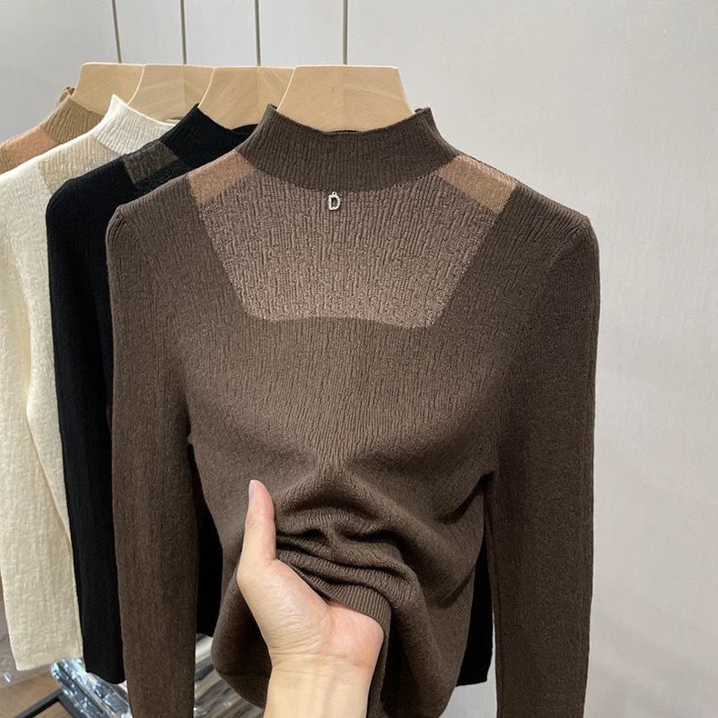 半高领针织毛衣打底衫女80-200斤秋冬设计感网纱洋气时尚内搭上衣
