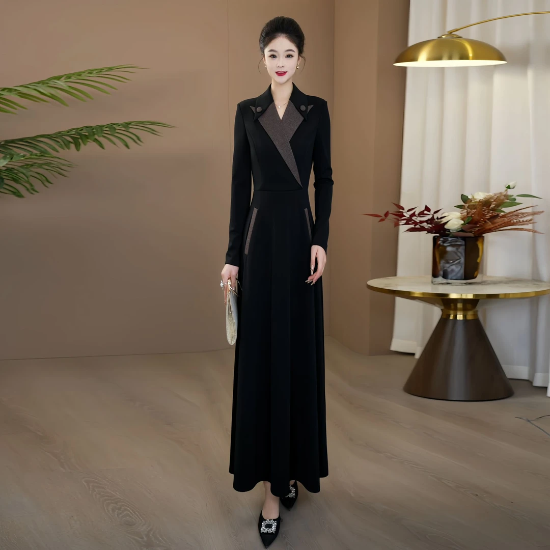 秋季高端大气简约连衣裙2025新款爆款遮肉修身大摆长袖长裙201