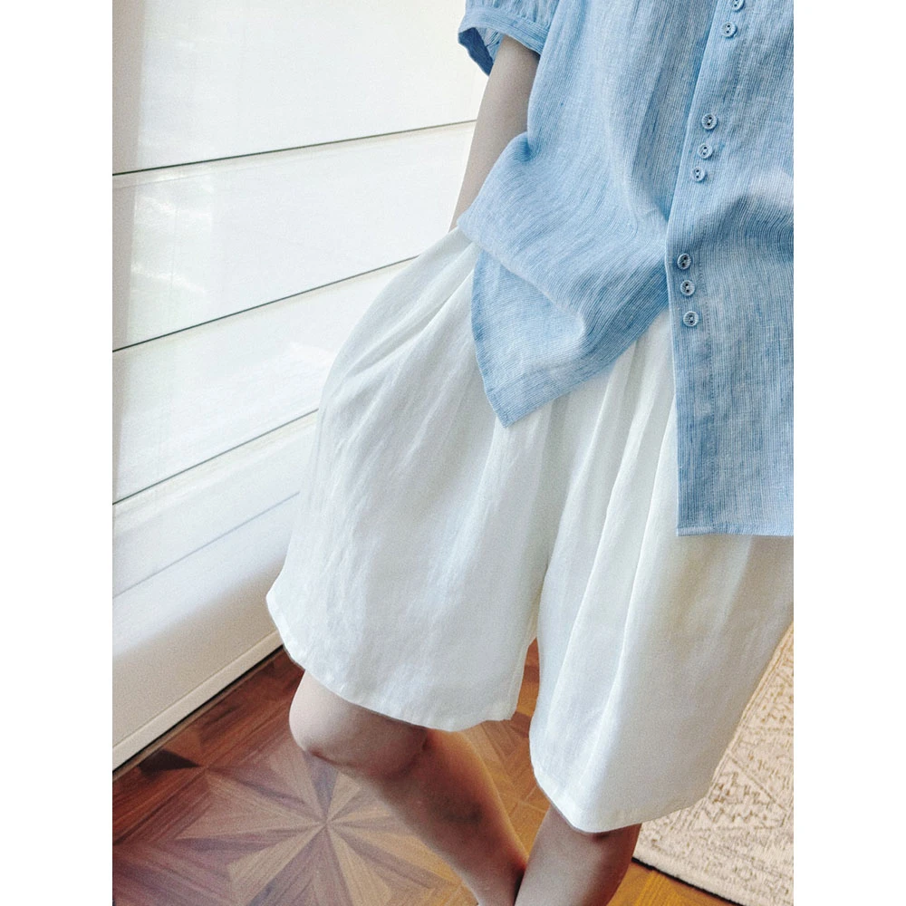 【MGDM】慵懒风休闲肌理感压褶松紧腰亚麻薄款防晒阔腿短裤五分裤