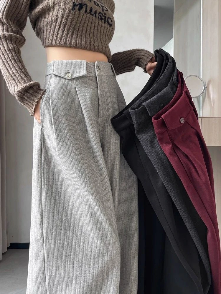 甜酷加绒麦穗纹毛呢阔腿西装裤女春秋高腰垂感直筒高级休闲拖地裤