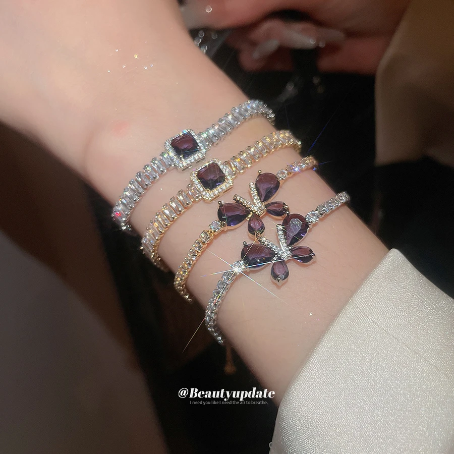 铜合金锆石手链 镶嵌精致紫色气质时尚瑞丽红色手饰时尚OL高级感