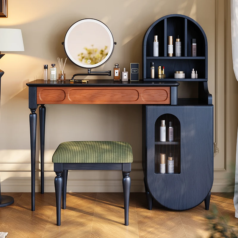 博高宜木法式复古实木梳妆台主卧化妆桌黑色中古风梳妆台斗柜一体