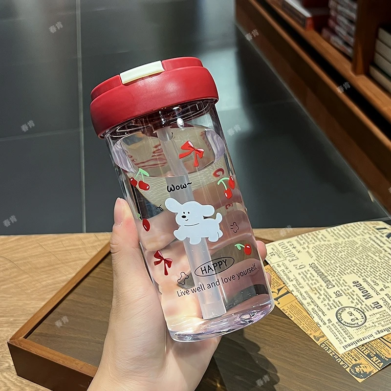 600ml樱桃小狗椰子蓝随手杯咖啡杯吸管杯子夏天水杯大容量创意杯