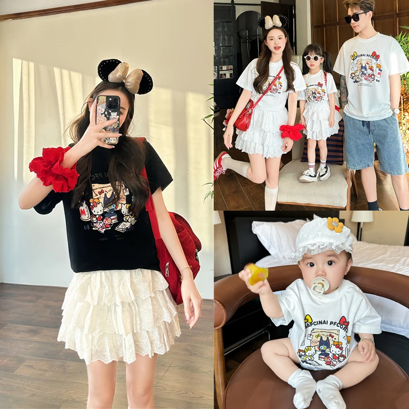 亲子装2025夏装新款一家三口kt猫短袖T恤儿童婴童爬服连体衣6651