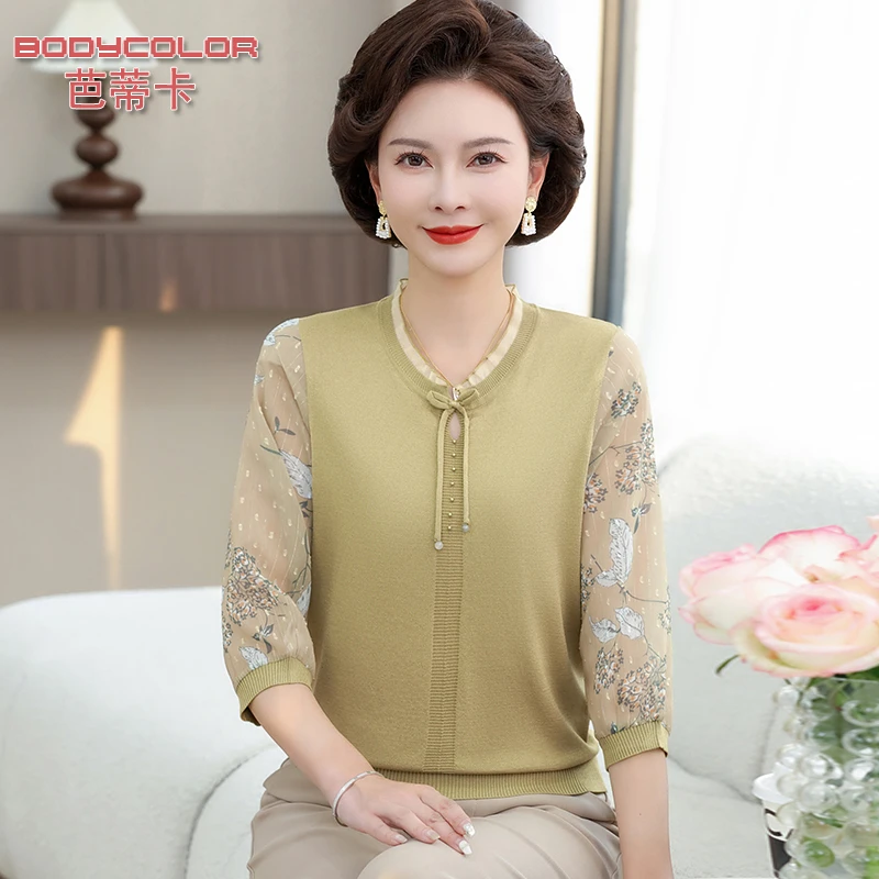 2025新款中老年女装洋气妈妈春夏装薄款T恤针织小衫上衣服打底衫